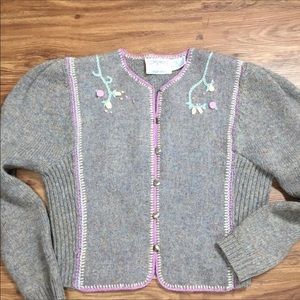 Vintage Hand Embroidered Wool Cardigan Sweater